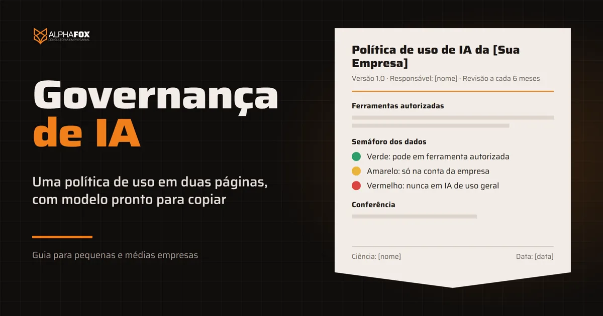 Capa do guia Governança de IA com um modelo de política de uso de IA da empresa, com ferramentas autorizadas, semáforo de dados verde, amarelo e vermelho e campo de ciência