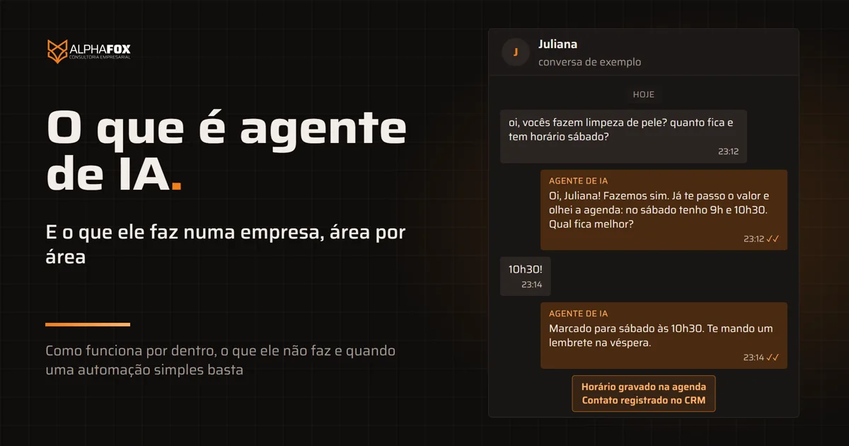 Capa do guia O que é agente de IA: conversa de exemplo no WhatsApp às 23h12 em que o agente de IA responde, oferece dois horários no sábado, marca o escolhido e registra na agenda e no CRM